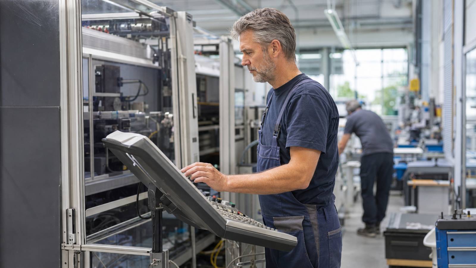 Erfahrener Beschäftigter bedient eine moderne Maschine in einer Produktionshalle.