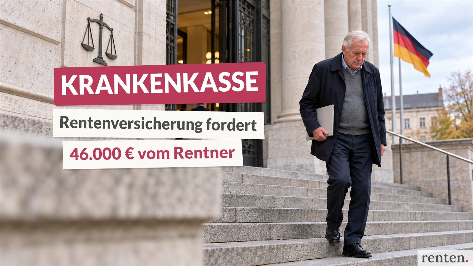 Rentner verlässt ein Gerichtsgebäude mit der Einblendung „Krankenkasse – Rentenversicherung fordert 46.000 € vom Rentner“