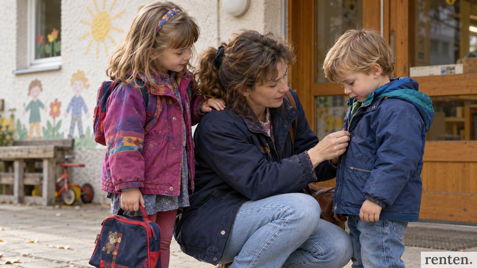 Mutter hilft ihrem kleinen Sohn beim Anziehen vor dem Kindergarten, daneben wartet ihre Tochter.