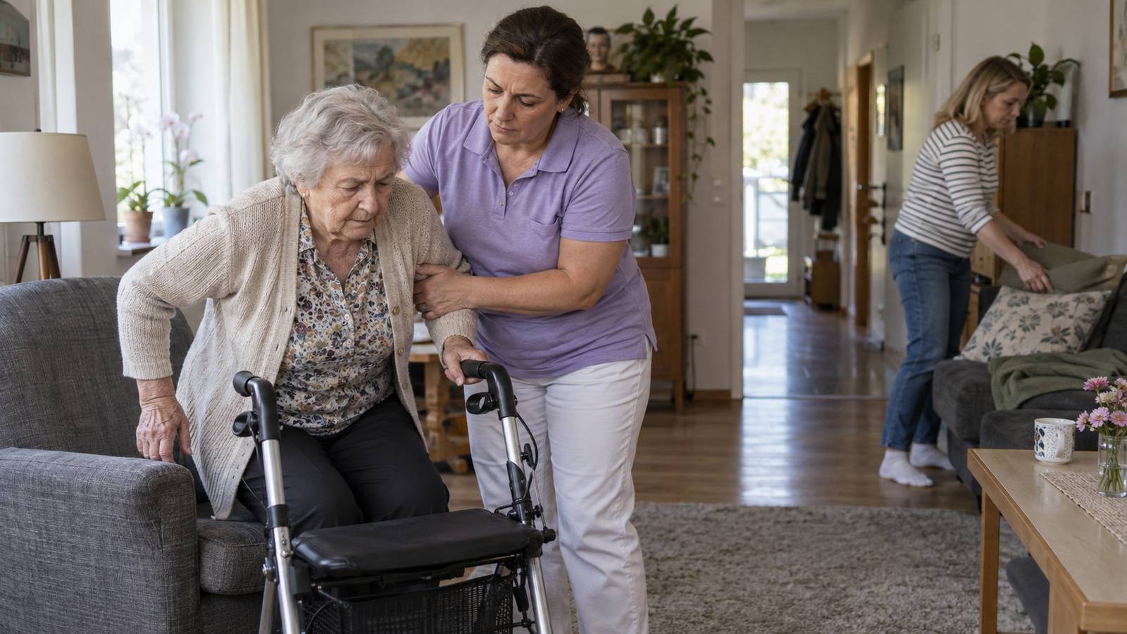 Betreuungskraft unterstützt eine ältere Frau am Rollator, während eine Angehörige weitere Aufgaben übernimmt.