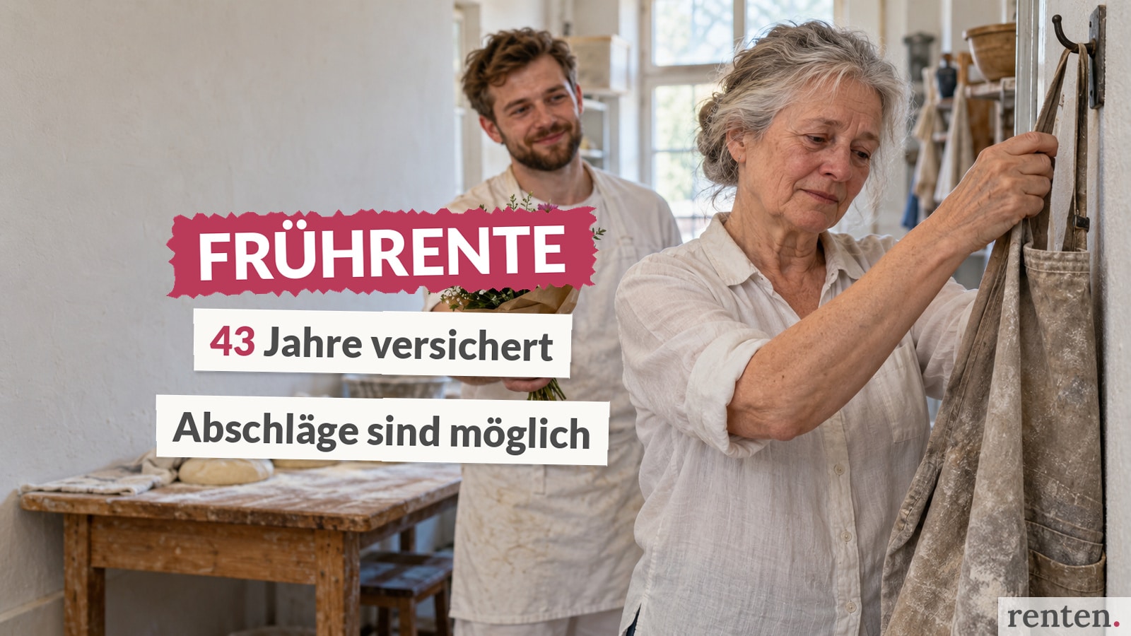 Ältere Bäckerin hängt ihre Arbeitsschürze auf, während ein Kollege einen Abschiedsstrauß hält.