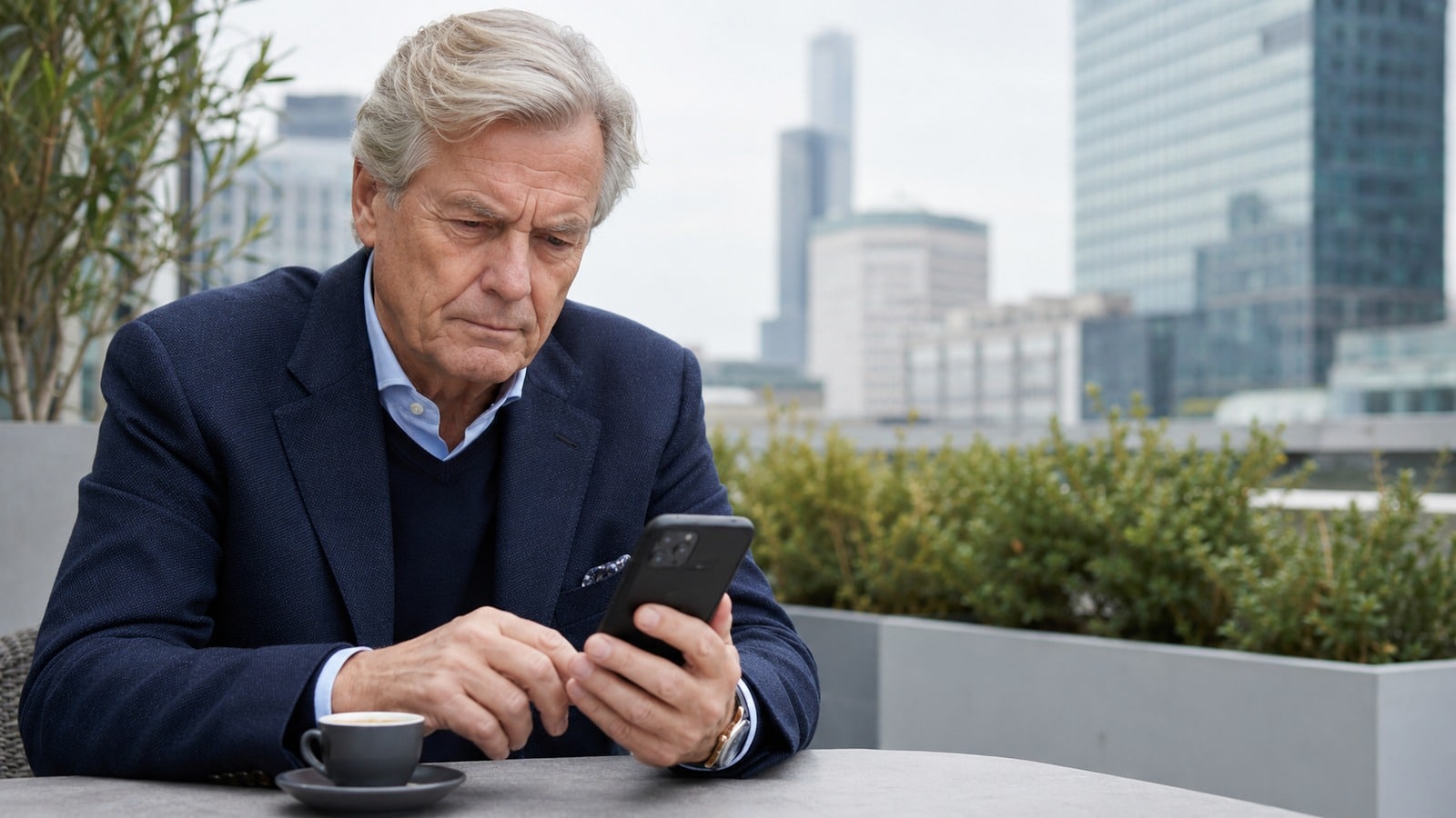 Wohlhabender Rentner prüft auf einer Dachterrasse seine Rentengutschrift am Smartphone