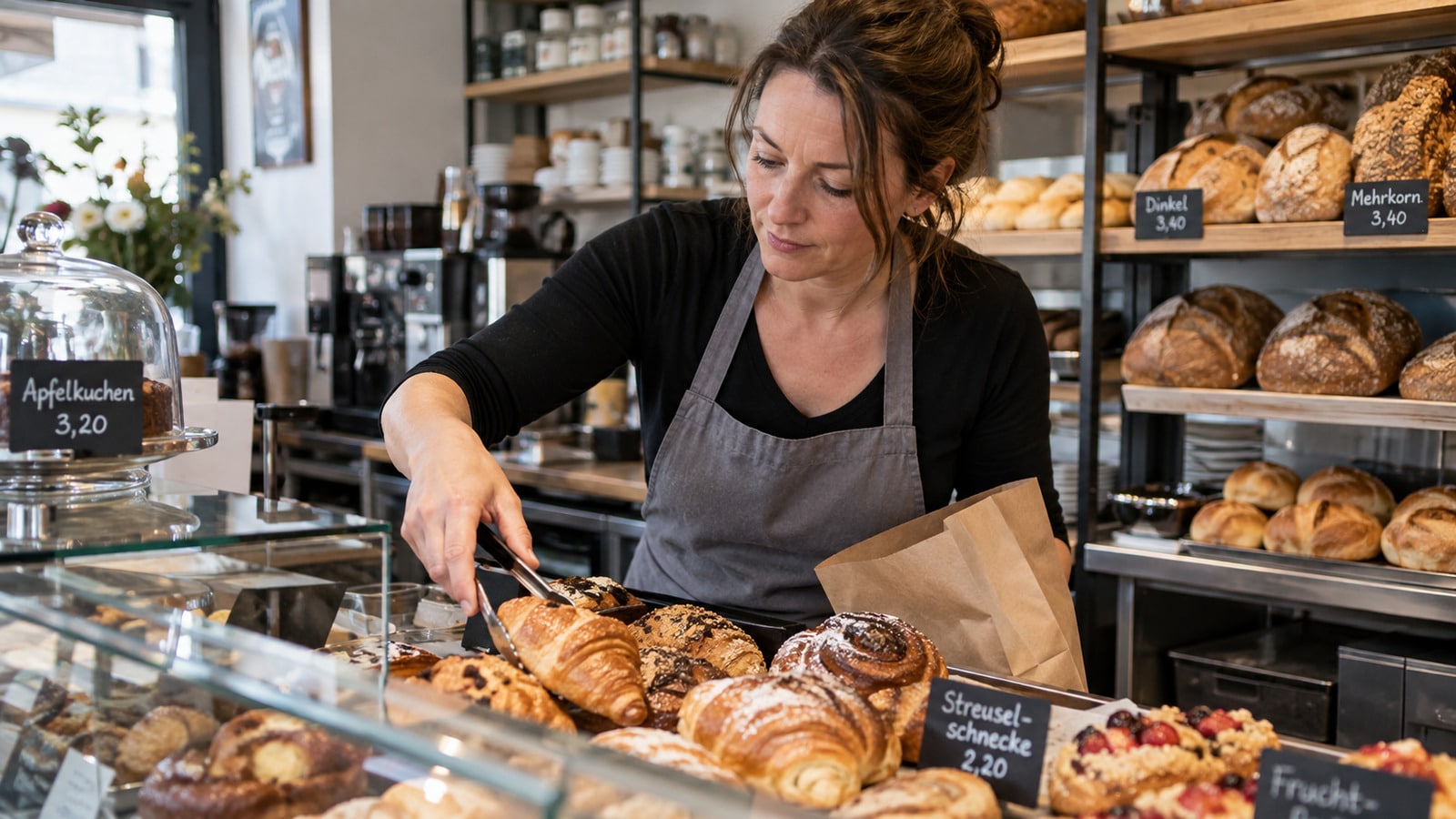 Frau arbeitet in einer Bäckerei und richtet Gebäck für den Verkauf an