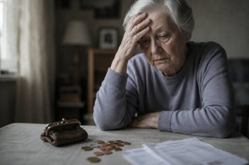 Ältere Frau sitzt nachdenklich an einem Tisch mit Münzen, Geldbörse und Unterlagen zur finanziellen Situation im Alter.