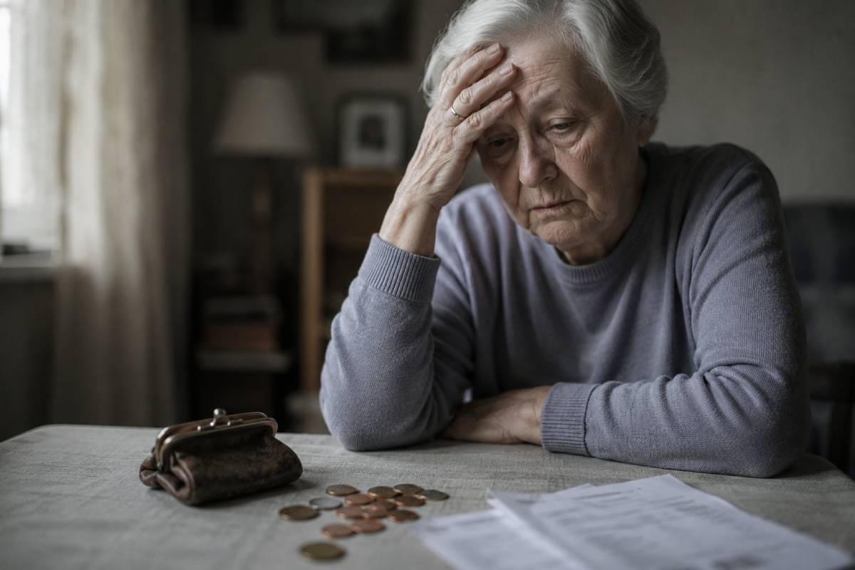Ältere Frau sitzt nachdenklich an einem Tisch mit Münzen, Geldbörse und Unterlagen zur finanziellen Situation im Alter.