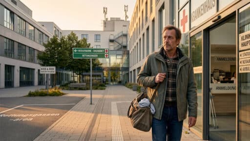 Pflegender Angehöriger vor Eingang des Krankenhauses mit Tasche und frischer Wäsche macht sich Sorgen um das Pflegegeld