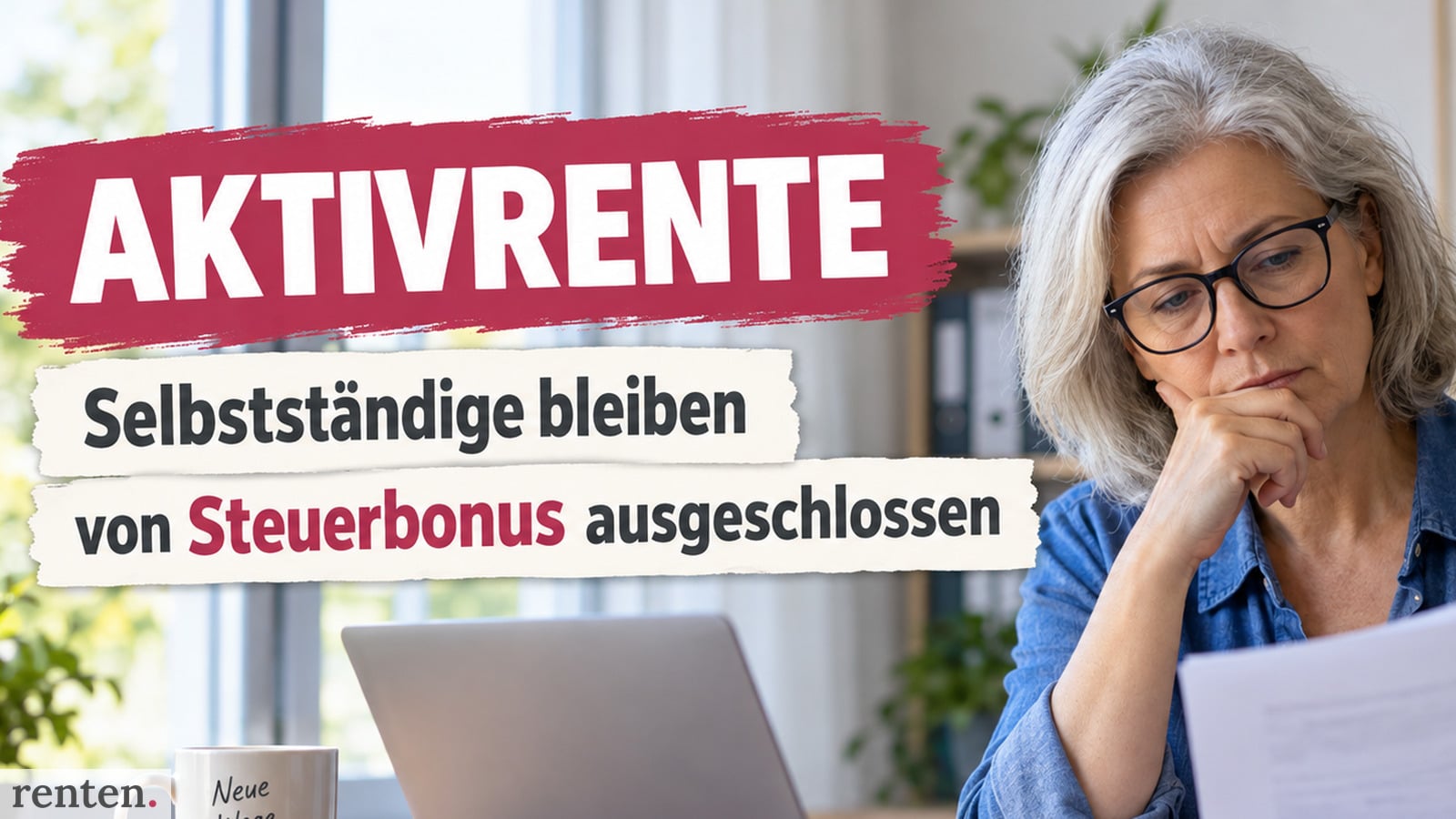 Ältere Selbständige mit Unterlagen am Schreibtisch. Einblendung: „AKTIVRENTE – Selbstständige bleiben von Steuerbonus ausgeschlossen“.
