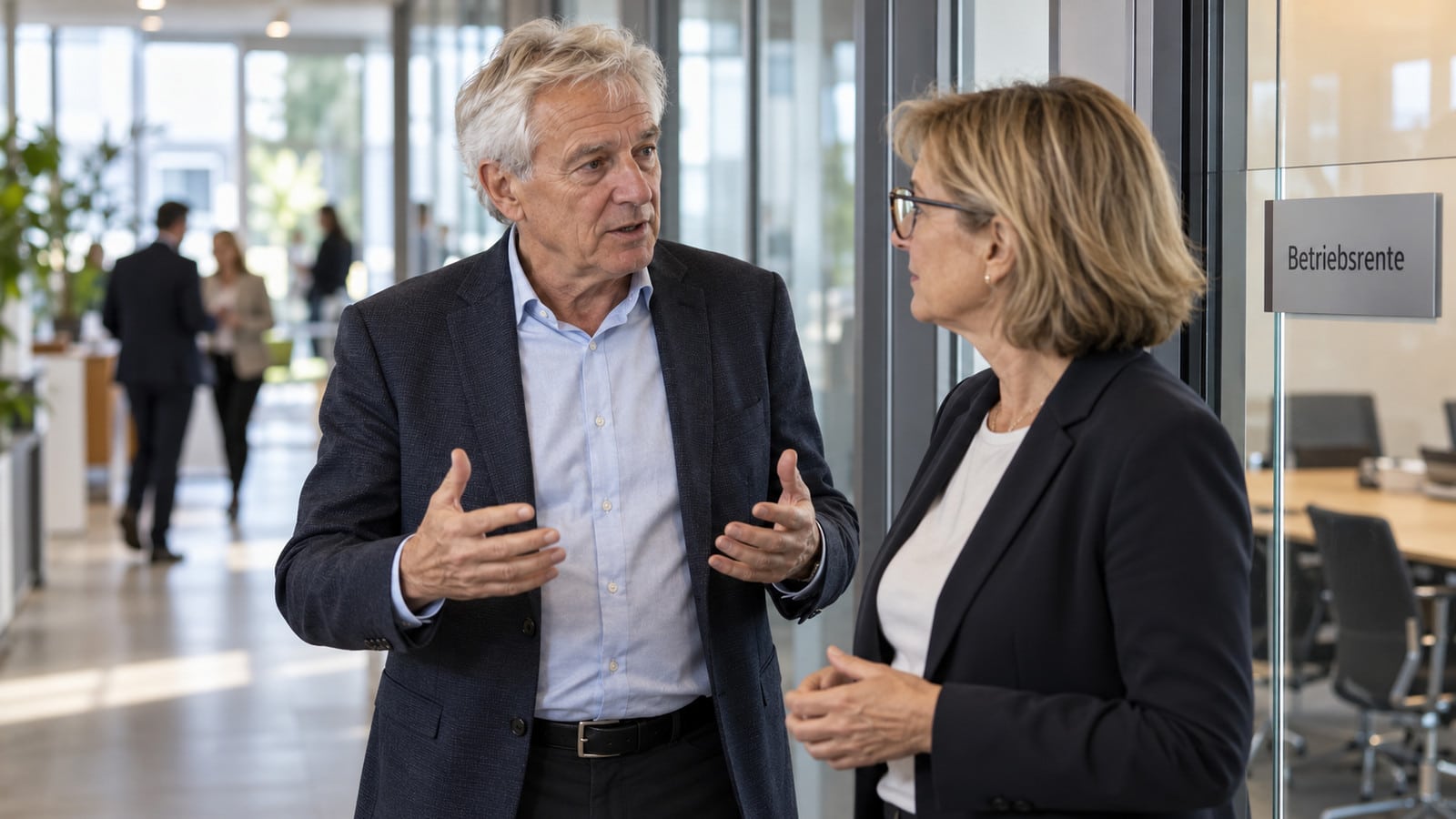 Älterer Beschäftigter spricht im Unternehmen über die Betriebsrente