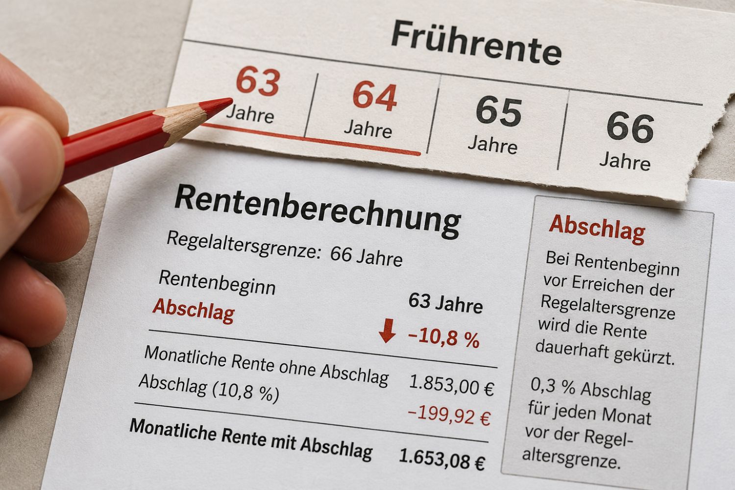 Abrechnung und Rentenberechnung mit Abschlägen bei Frührente mit Rotstift