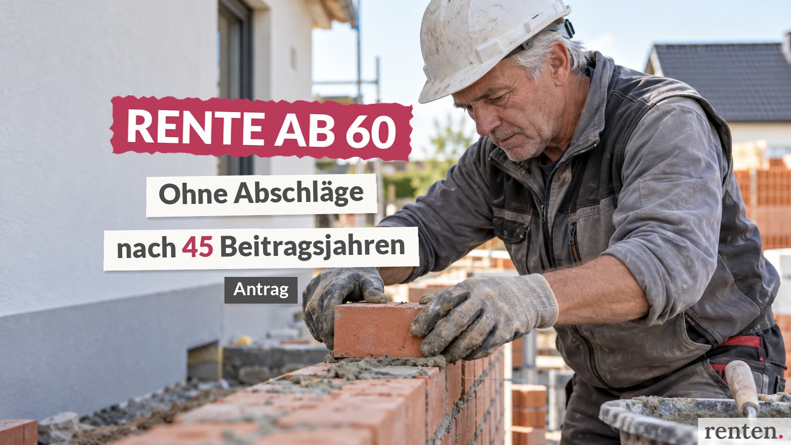 Älterer Maurer bei der Arbeit. Einblendung: „Rente ab 60 – Ohne Abschläge nach 45 Beitragsjahren“