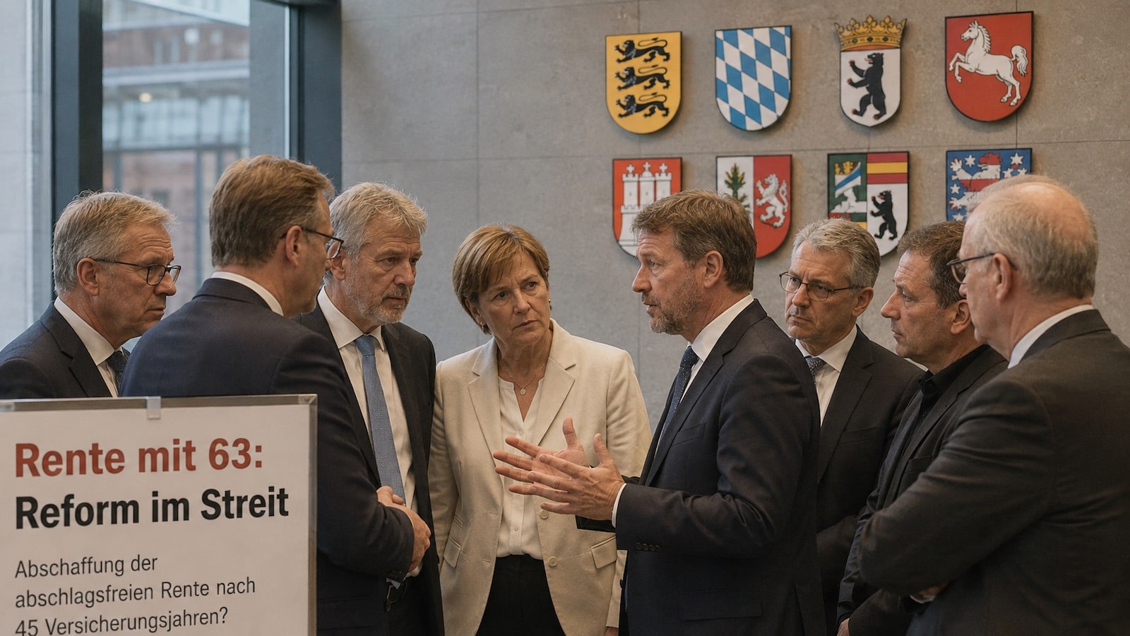 cht Landespolitiker stehen vor einem Regierungsgebäude und beraten über die geplante Abschaffung der Rente mit 63