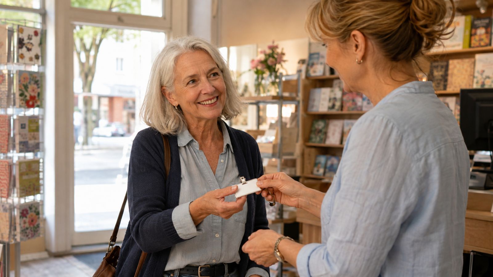 Rentnerin beginnt eine neue Beschäftigung und erhält in einem Ladengeschäft ihren Mitarbeiterausweis