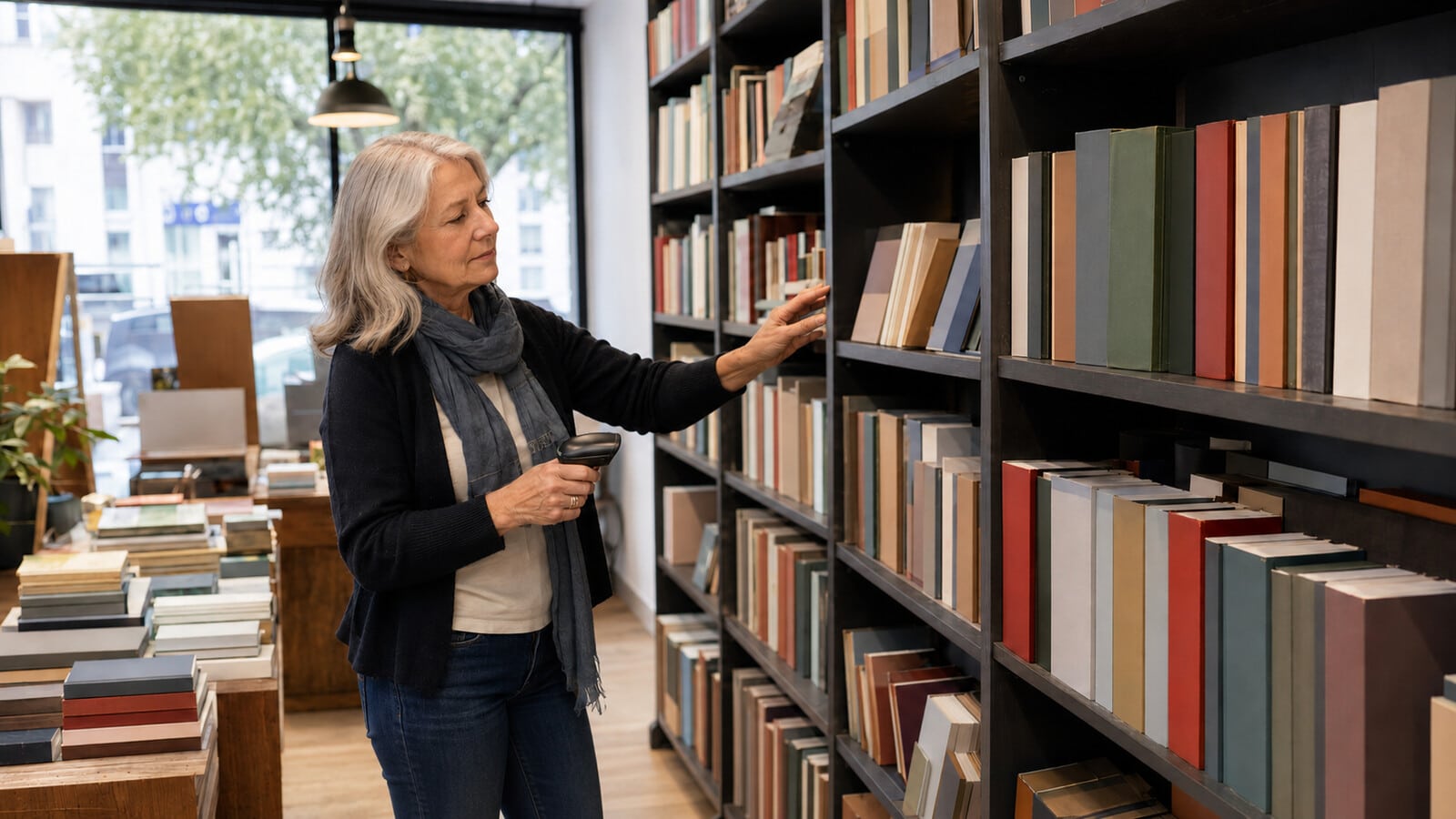 Eine selbstständige Buchhändlerin im Rentenalter arbeitet in ihrem modernen Laden.