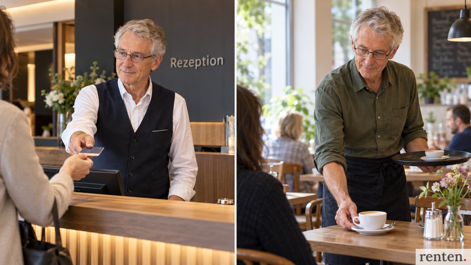 Geteiltes Bild eines älteren Mannes bei der Arbeit am Hotelempfang und als Kellner im Café.