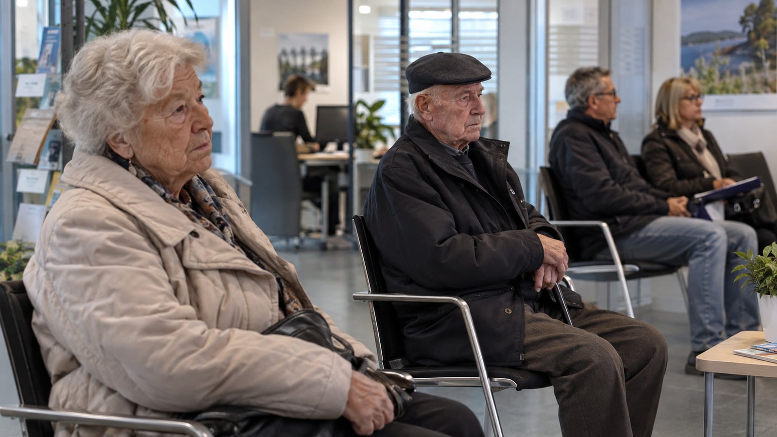 Ältere Rentner und jüngere Versicherte im Wartebereich einer Rentenberatung