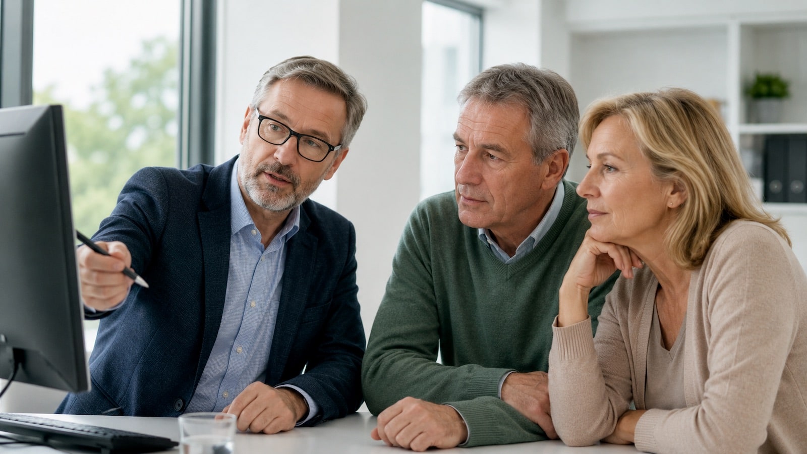 Älters Pärchen sitzen beim Rentenberater und lassen sich die Unterschiede in de Altersrente erläutern