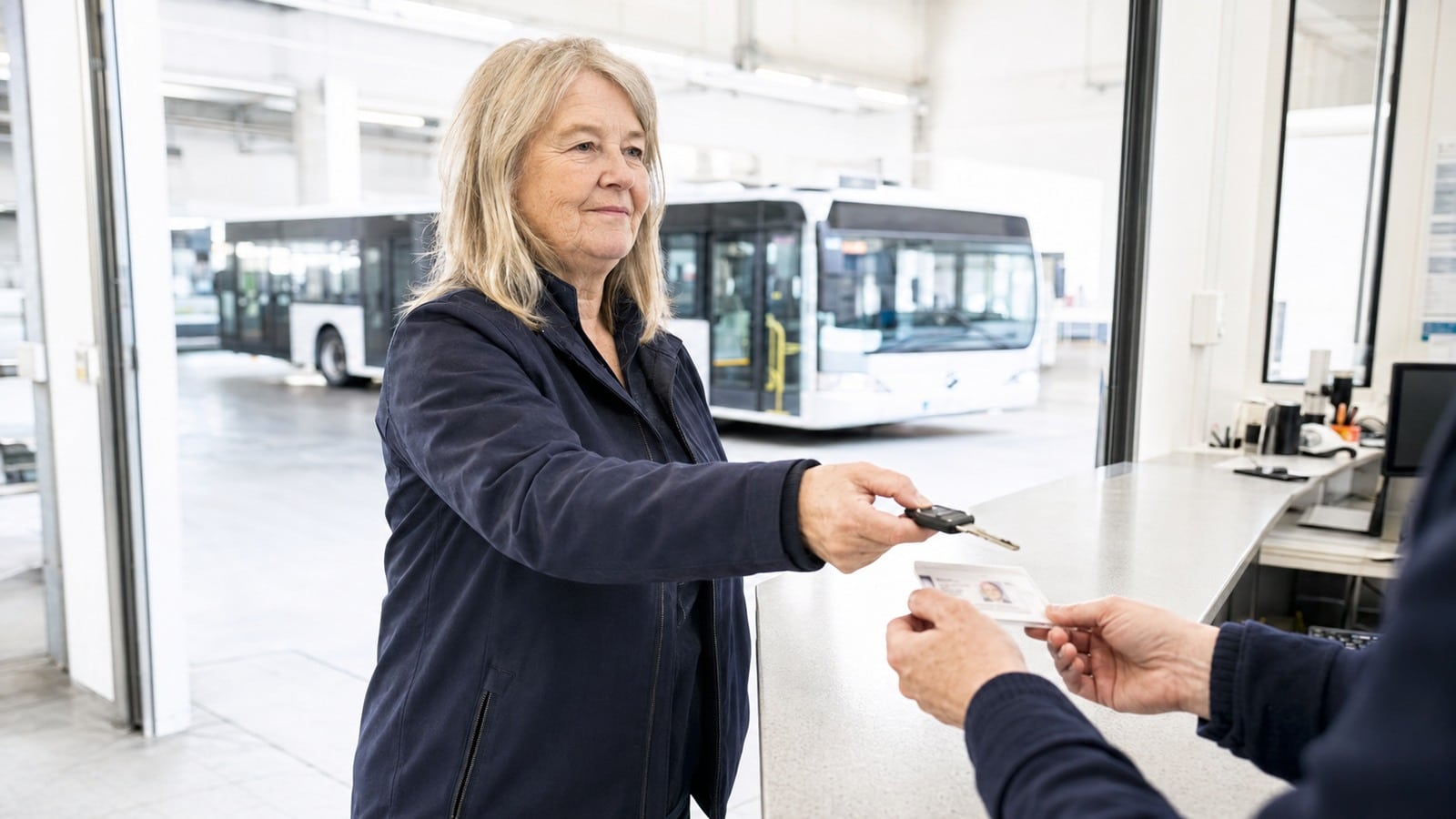 Nach ihrer letzten Fahrt gibt eine Busfahrerin Schlüssel und Dienstausweis am hellen Betriebsschalter zurück.