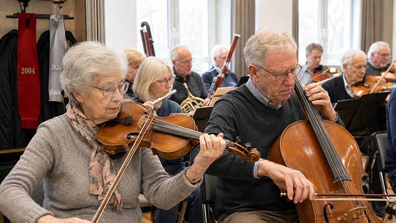Ältere Frau und älterer Mann musizieren gemeinsam in einem Seniorenorchester