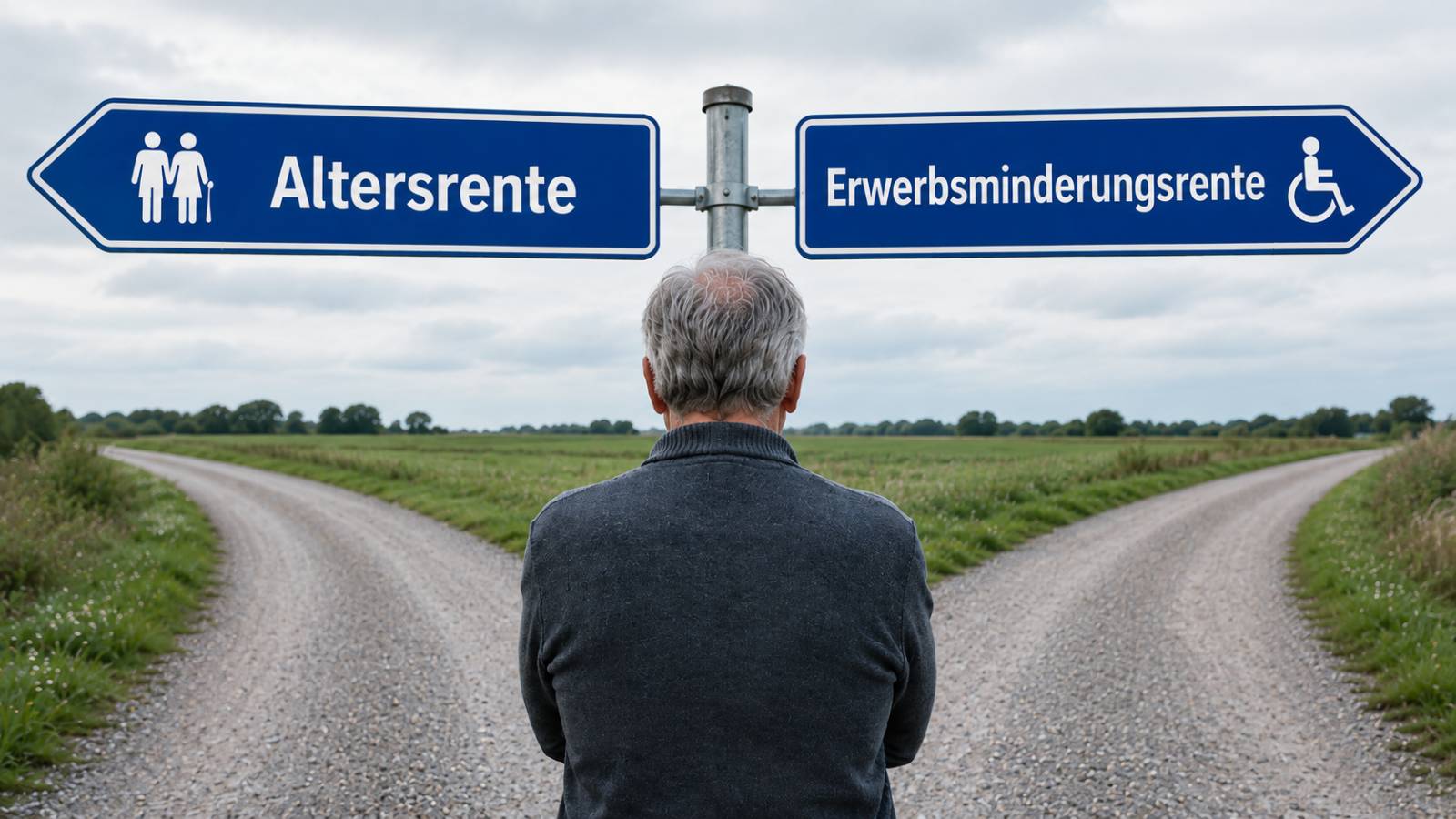 Älterer Mann steht an einer Weggabelung zwischen Altersrente und Erwerbsminderungsrente.
