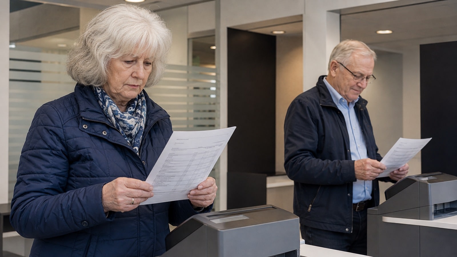 Rentnerin prüft in einer Bank ihren Kontoauszug neben einem Rentner