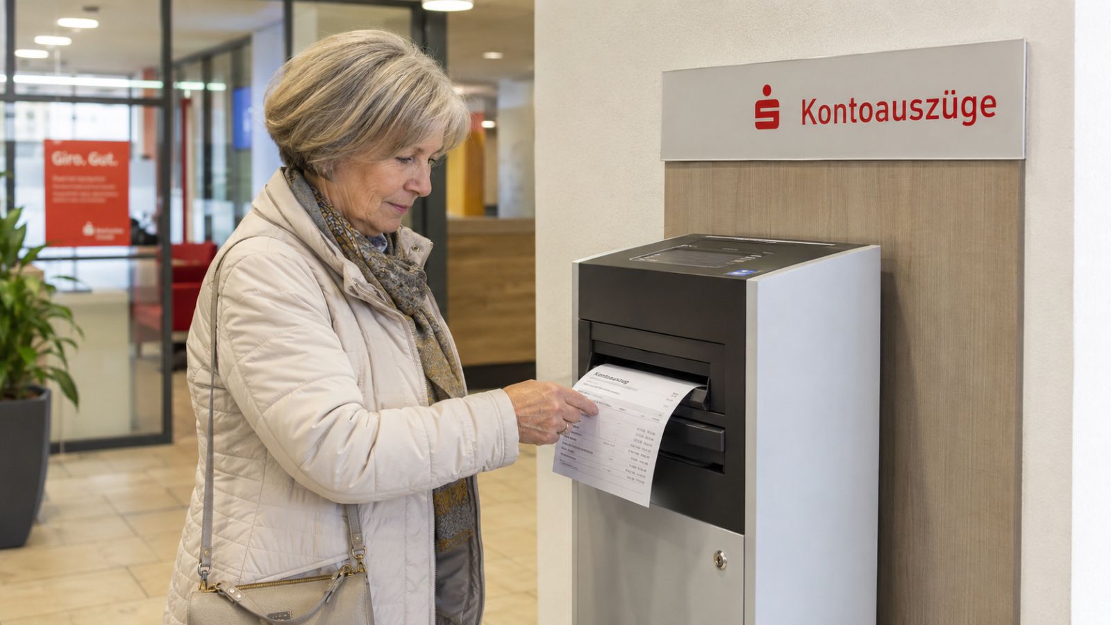 Ältere Frau entnimmt in einer Bankfiliale einen Kontoauszug – die neue Wechselregel kann in Aussparungsfällen den Rentenzahlbetrag verändern.