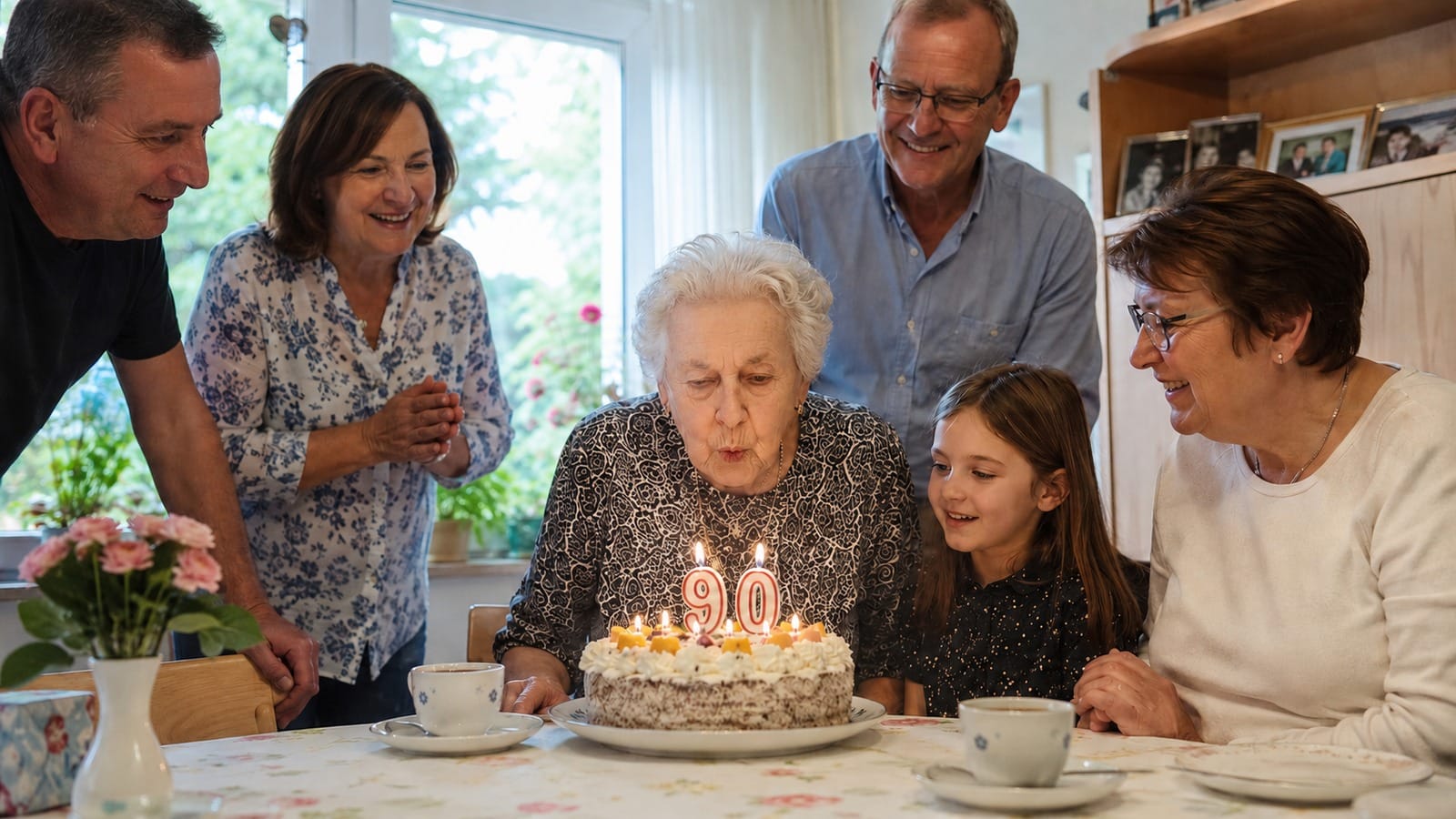 90-jährige Frau feiert ihren Geburtstag im Kreis ihrer Familie