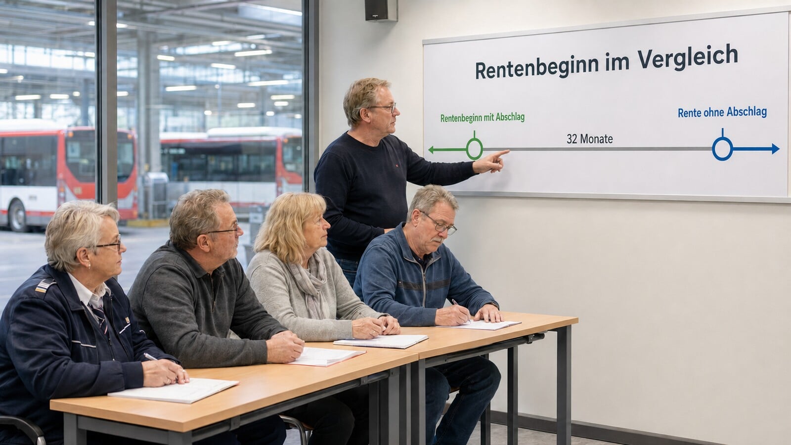 Ältere Beschäftigte vergleichen vorgezogenen und abschlagsfreien Rentenbeginn auf einem Zeitstrahl