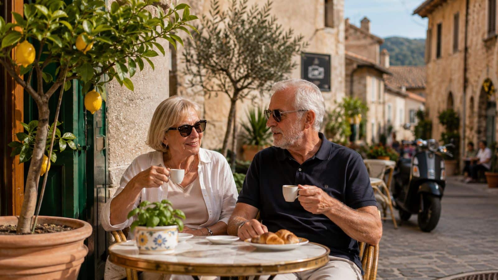 Rentnerehepaar sitzt bei sonnigem Wetter in einer Seitenstraße in Italien und trinkt Espresso.