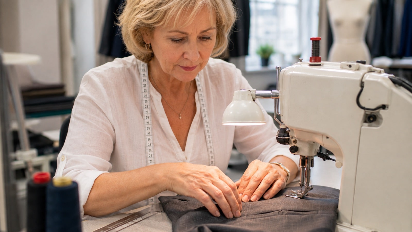 Reife Schneiderin arbeitet konzentriert an einer Nähmaschine in einer modernen Werkstatt