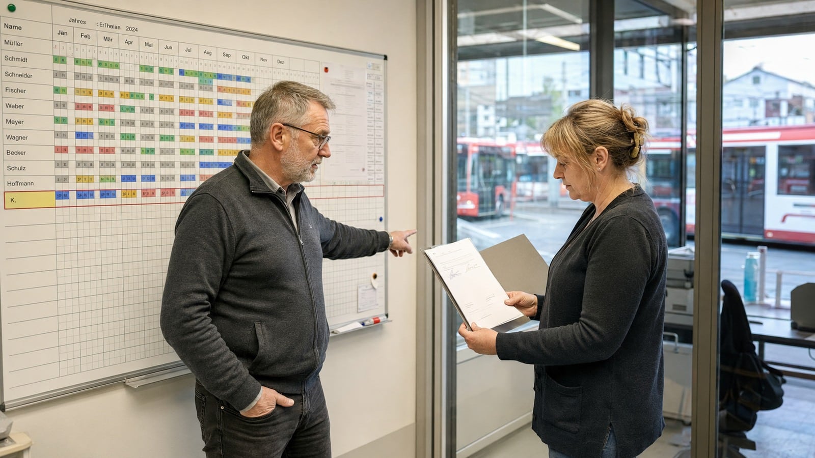 Älterer Fahrdienstleiter und Personalplanerin prüfen einen bestehenden Altersteilzeitvertrag neben dem Dienstplan