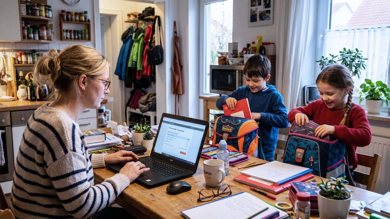 Mutter richtet neben ihren zwei Kindern einen monatlichen Beitrag für ein Altersvorsorgedepot ein