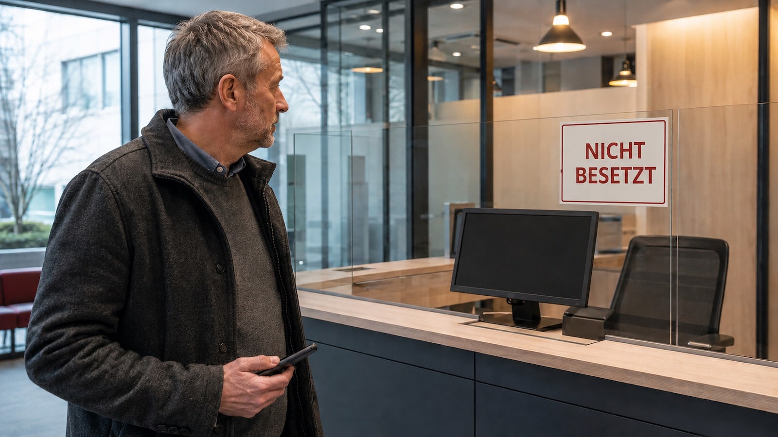 Ein Sparer steht vor einem unbesetzten Schalter in einem modernen Finanzzentrum.