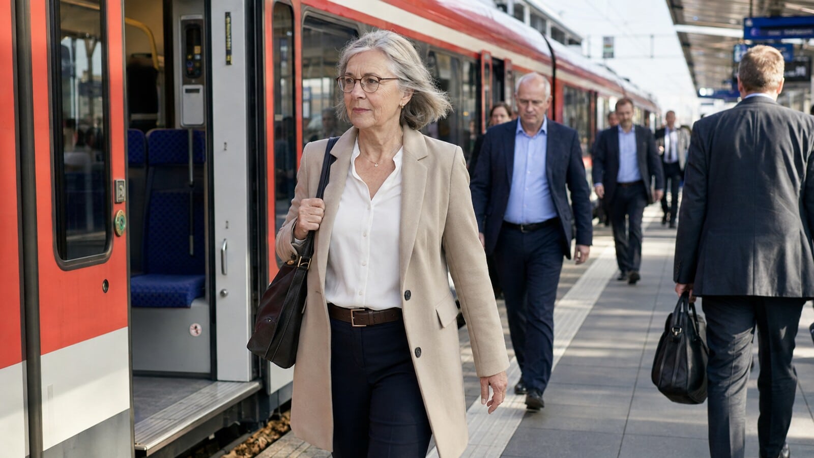 Etwa 67-jährige Berufspendlerin geht nach dem Ausstieg aus einem Regionalzug über den Bahnsteig