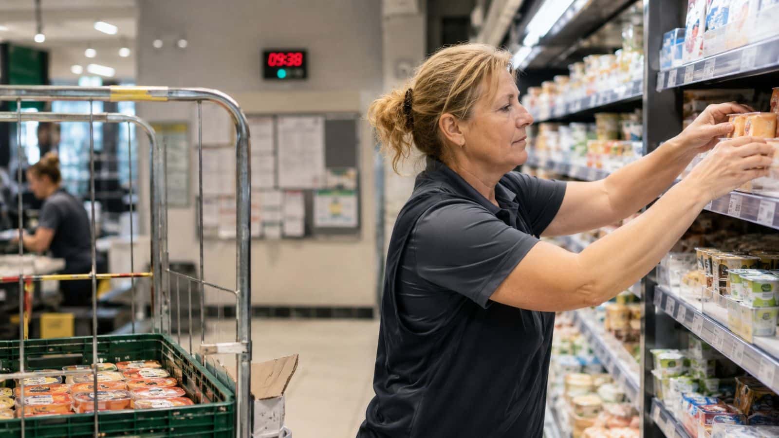 EM-Rentnerin räumt neben ihrer Arbeitsmarktrente Regale im Supermarkt ein.