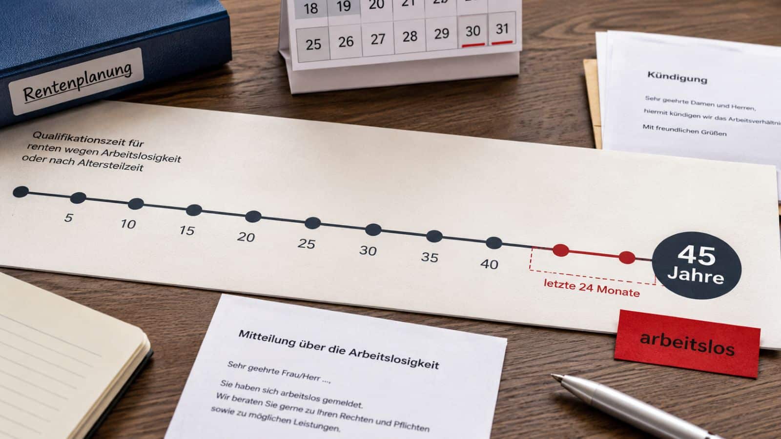 Rentenplanung mit 45 Jahren Wartezeit, Arbeitslosigkeit und markierten letzten 24 Monaten vor der abschlagsfreien Rente.