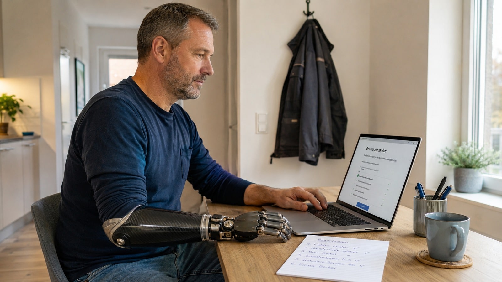 Arbeitsuchender Facharbeiter mit Unterarmprothese versendet eine Bewerbung am Laptop
