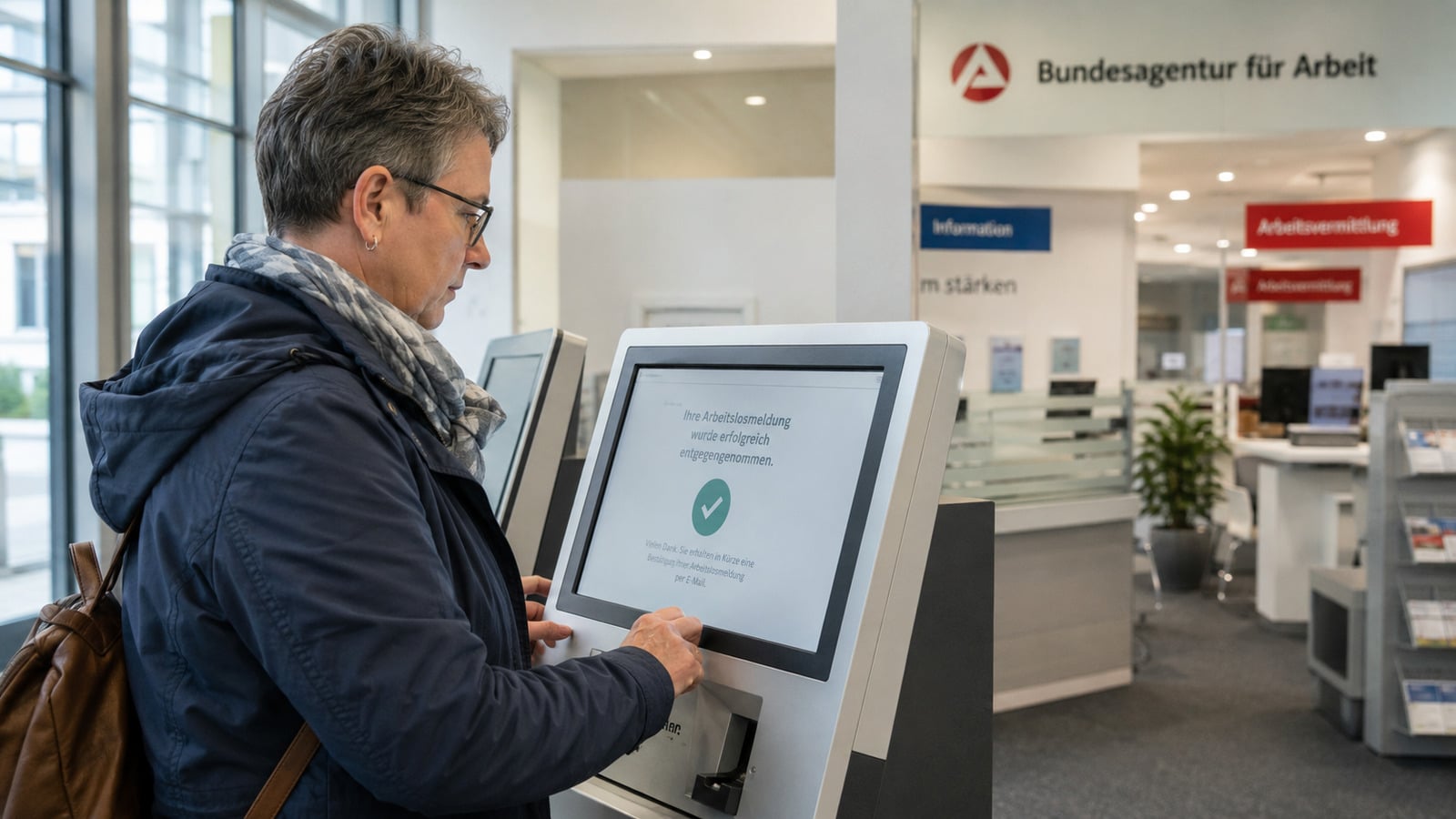 Frau prüft ihre Arbeitslosmeldung an einem Terminal der Agentur für Arbeit