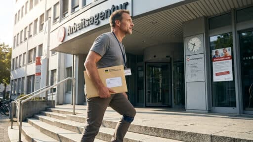 EM-Rentner mittleren Alters auf dem Weg zum Arbeitsamt mit Unterlagen der Rentenversicherung