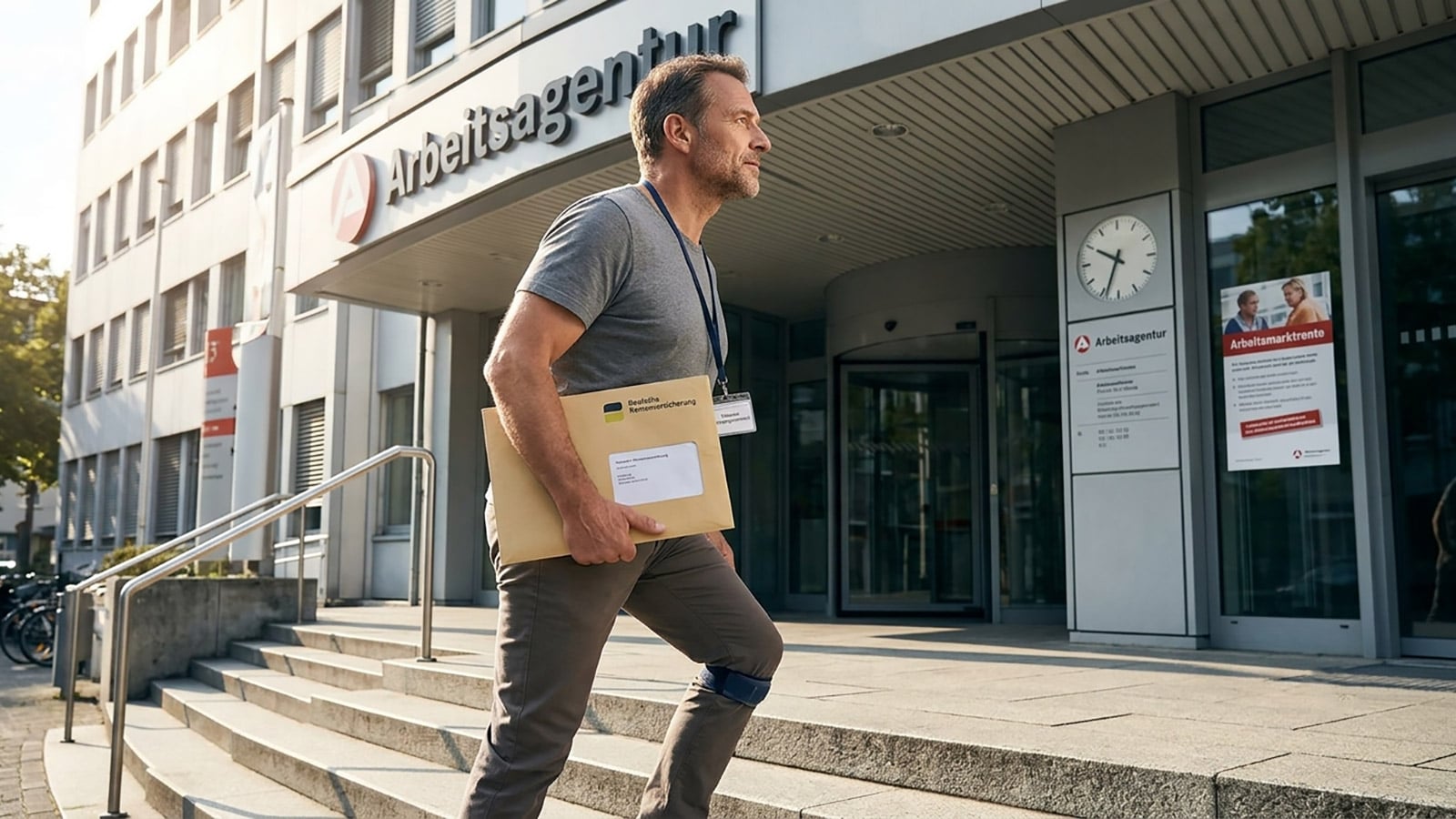 EM-Rentner mittleren Alters auf dem Weg zum Arbeitsamt mit Unterlagen der Rentenversicherung