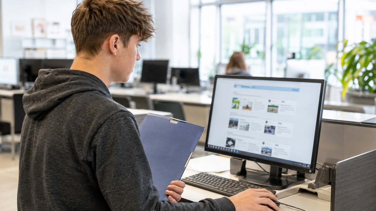 Am Laptop sucht ein Schulabgänger in einem modernen Berufsinformationszentrum nach Ausbildungsplätzen.