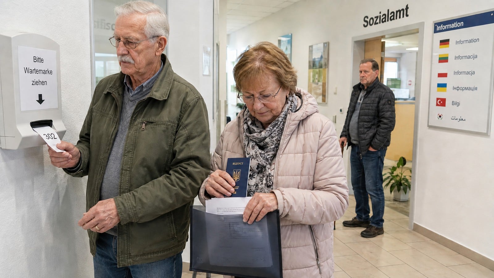 Älteres Paar mit ukrainischem Reisepass zieht im Sozialamt vor einer mehrsprachigen Informationstafel eine Wartemarke