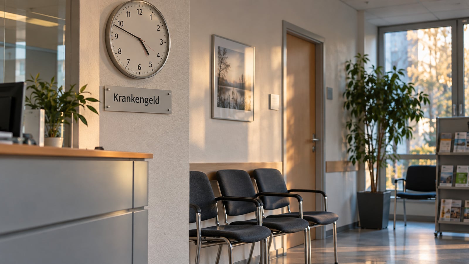 Leerer Wartebereich mit Wanduhr und Schild „Krankengeld“