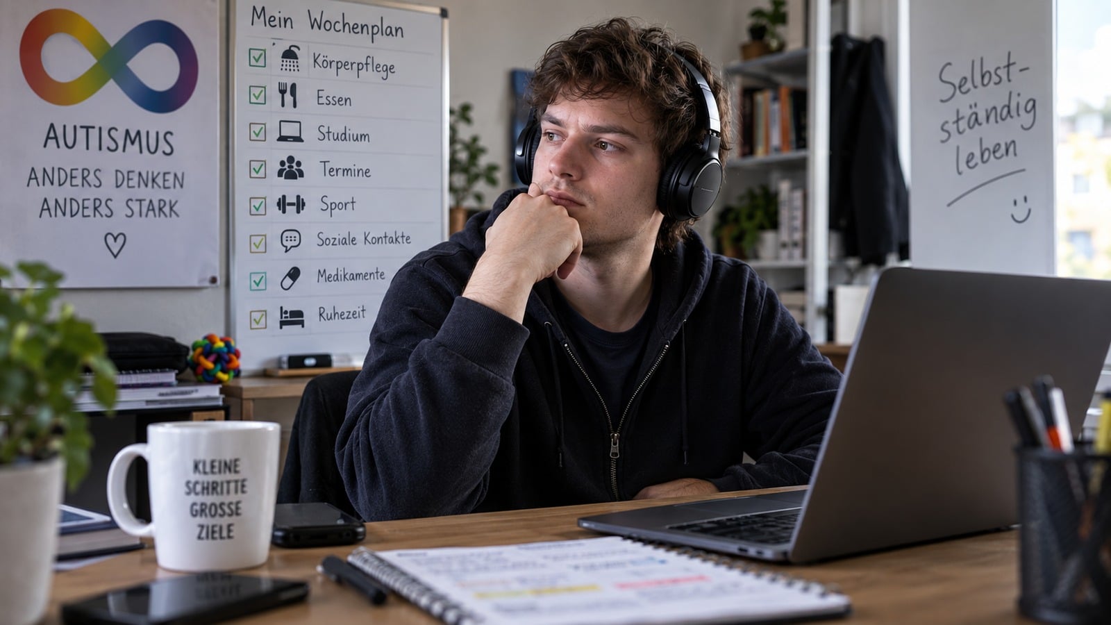 Junger Mann mit Autismus vor einem Wochenplan zur Strukturierung seines Alltags