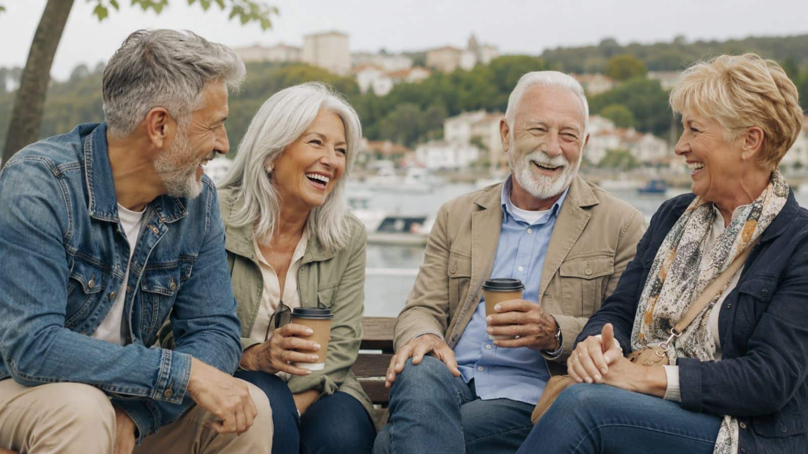 Vier Babyboomer sitzen glücklich im Freien und trinken Kaffee