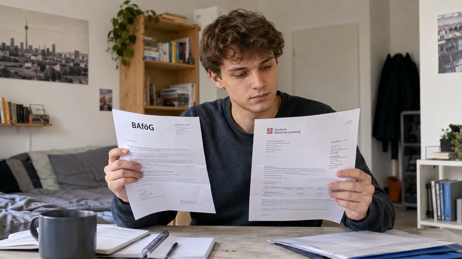 Student vergleicht BAföG-Unterlagen und Schreiben zur Waisenrente
