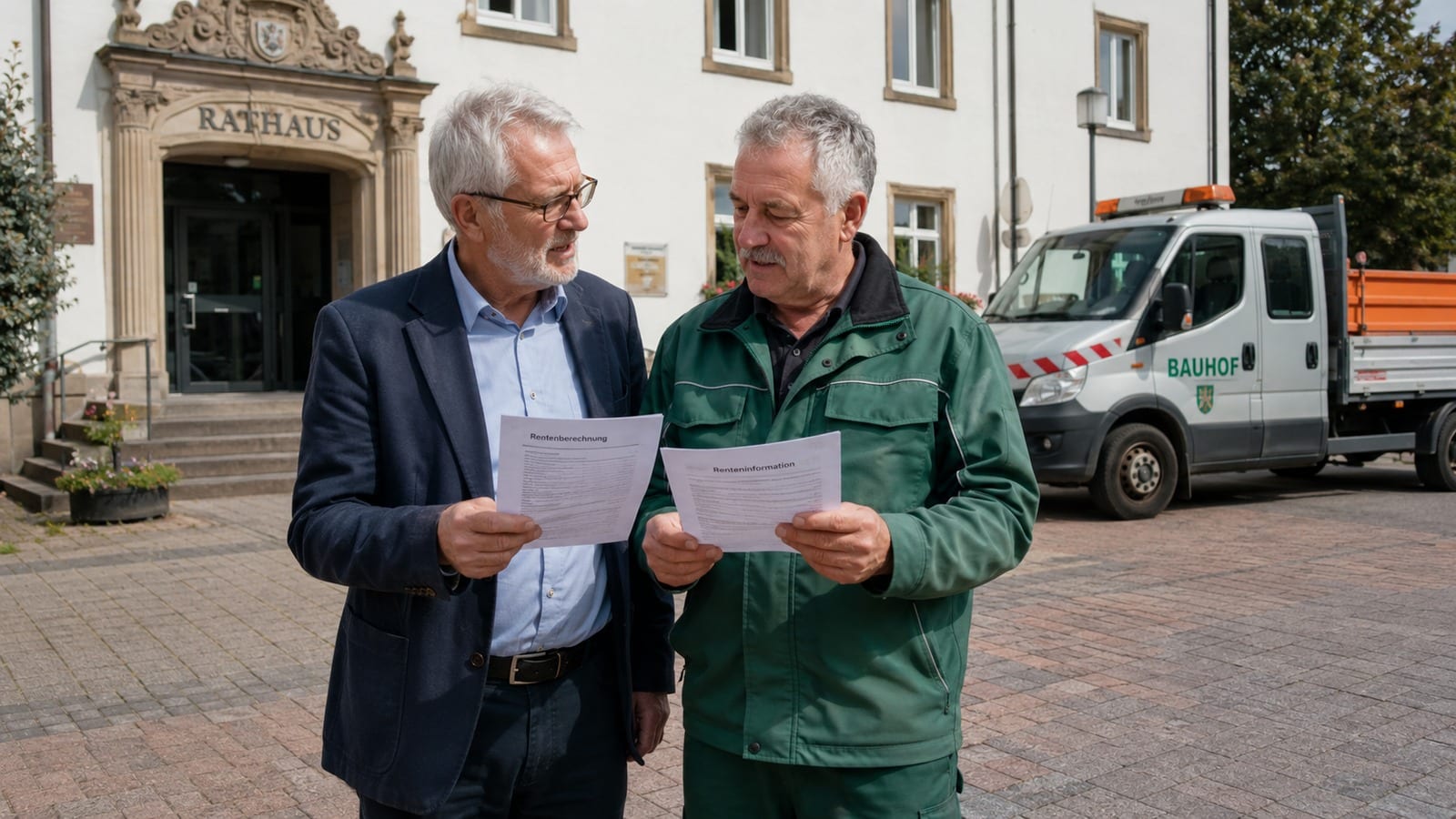 Ehemaliger Beamter und kommunaler Angestellter vergleichen vor einem Rathaus ihre Altersbezüge