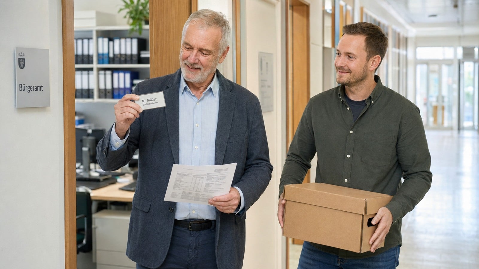 Beamter räumt an seinem letzten Arbeitstag sein Büro im Bürgeramt um die Pensionierung anzutreten