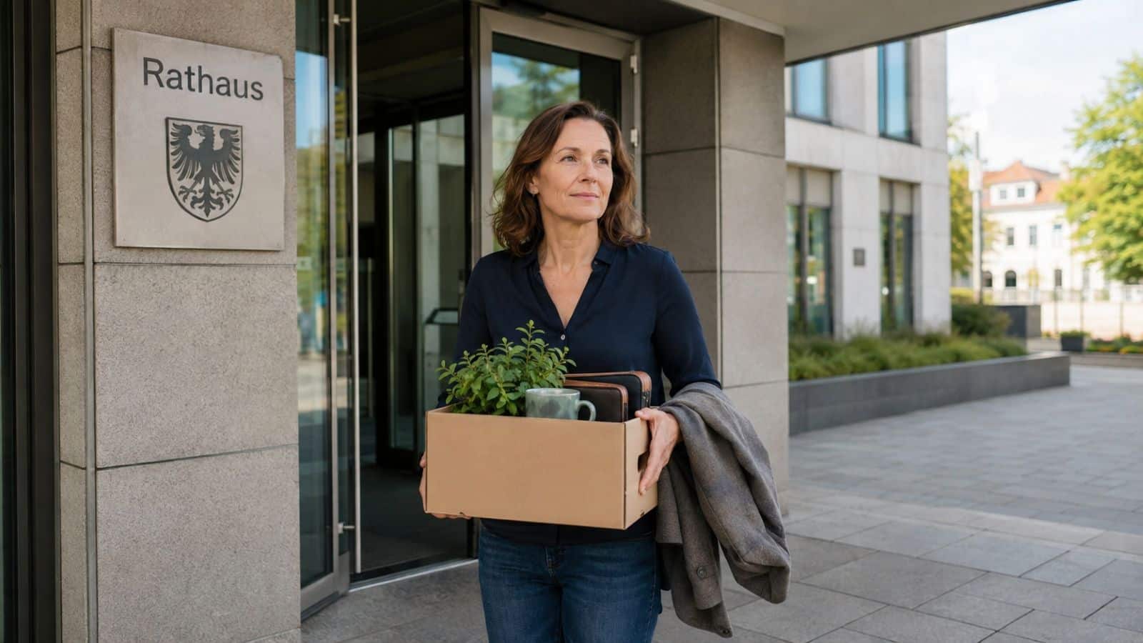 Beamtin eines Rathauses hat ihren Job aufgegeben und verlässt gepackt das Gebäude