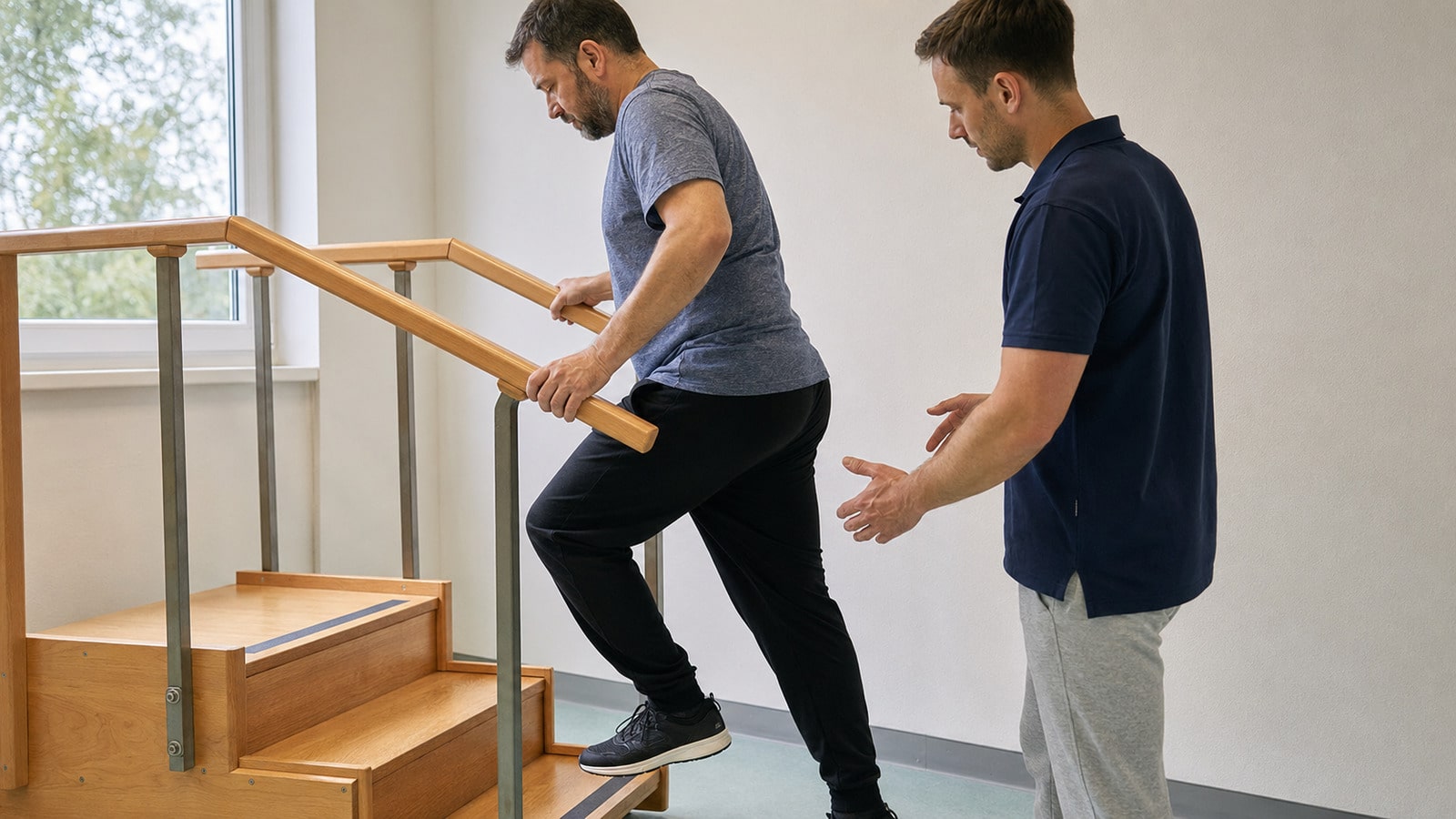 Ein Patient steigt während einer Reha-Übung auf eine kurze Treppe, während ein Therapeut ihn seitlich sichert.