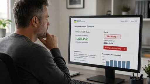 Mann blickt auf einen Monitor mit Übersicht zur befristeten Erwerbsminderungsrente und Hinweis auf das Ende der Zahlung.